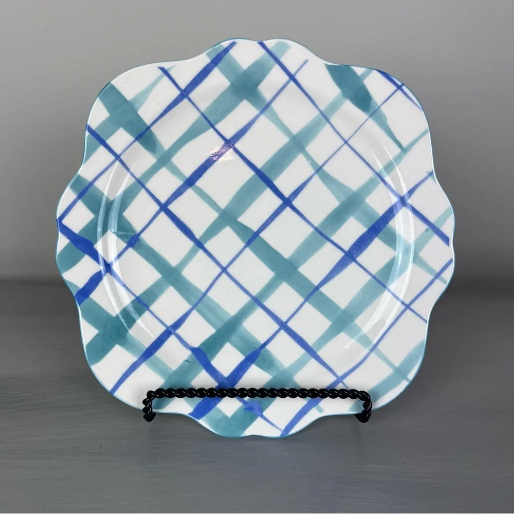 3 Bonjour ANTHROPOLOGIE HILDE Plaid White Blue Scallop Dinner Plate Cottagecore